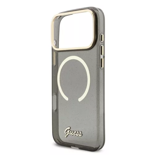 Guess IML Glitter Script Strap MagSafe tok iPhone 17 Pro Max készülékhez fekete