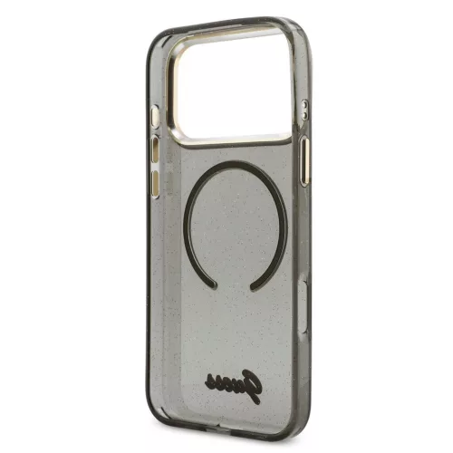 Guess IML Glitter Script Strap MagSafe tok iPhone 17 Pro Max készülékhez fekete