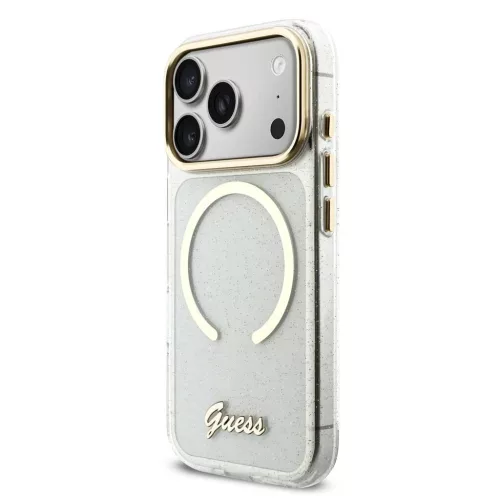 Guess IML Glitter Script Strap MagSafe tok iPhone 17 Pro készülékhez átlátszó