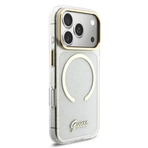 Guess IML Glitter Script Strap MagSafe tok iPhone 17 Pro készülékhez átlátszó