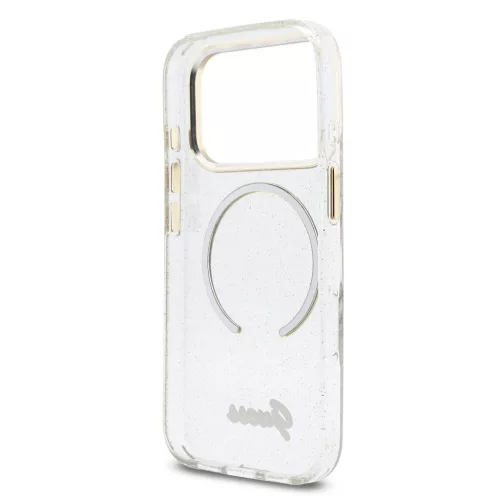 Guess IML Glitter Script Strap MagSafe tok iPhone 17 Pro készülékhez átlátszó
