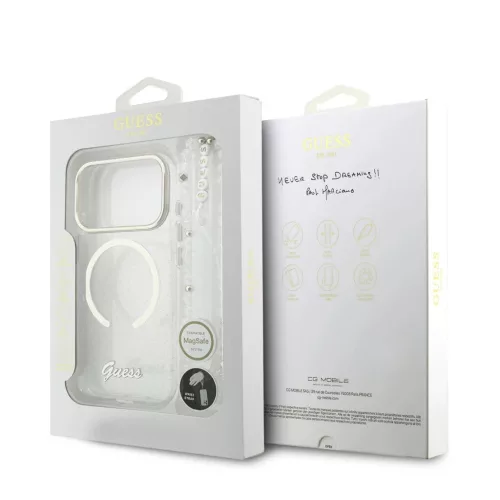 Guess IML Glitter Script Strap MagSafe tok iPhone 17 Pro Max készülékhez átlátszó