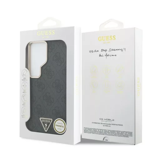 Guess PU-bőr mágneses tok 4G Strass Triangle Logo Gold Frame Samsung Galaxy S26 Ultra készülékhez fekete