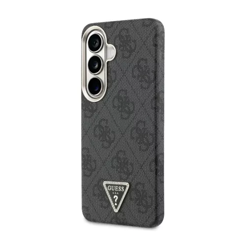 Guess PU bőr mágneses tok Samsung Galaxy S26 készülékhez, 4G strasszköves háromszög logó, arany keret, fekete