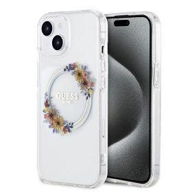   Guess PC/TPU Flowers Ring Glossy Logo MagSafe tok iPhone 15 Plus készülékhez átlátszó