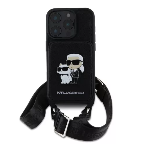 Karl Lagerfeld Saffiano keresztpántos Karl and Choupette tok iPhone 16 Pro Max készülékhez fekete
