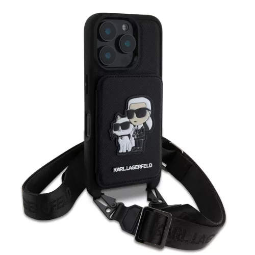 Karl Lagerfeld Saffiano keresztpántos Karl and Choupette tok iPhone 16 Pro Max készülékhez fekete