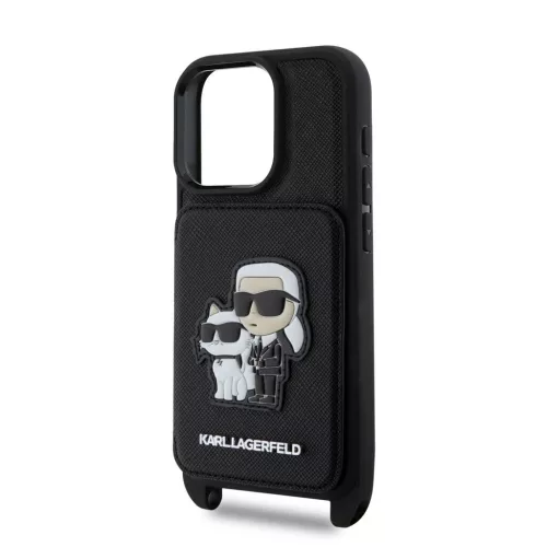 Karl Lagerfeld Saffiano keresztpántos Karl and Choupette tok iPhone 16 Pro Max készülékhez fekete