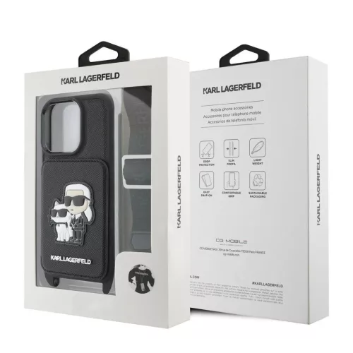 Karl Lagerfeld Saffiano keresztpántos Karl and Choupette tok iPhone 16 Pro Max készülékhez fekete