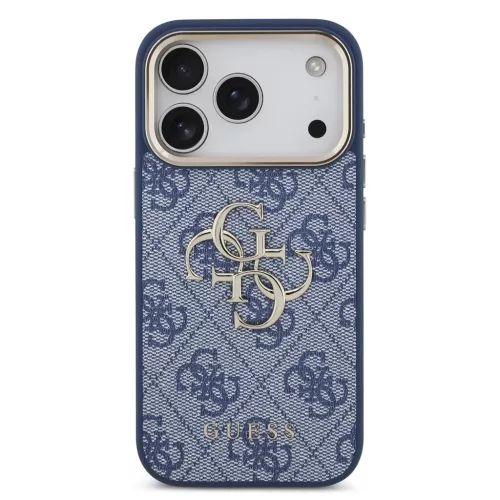 Guess 4G fém logós arany keretes PU bőr tok iPhone 18 Pro készülékhez kék