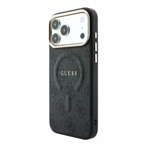 Guess PU Leather 4G aranykeretes dombornyomott MagSafe tok iPhone 18 Pro Max készülékhez, fekete