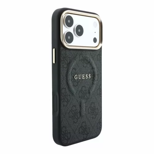 Guess PU Leather 4G aranykeretes dombornyomott MagSafe tok iPhone 18 Pro Max készülékhez, fekete