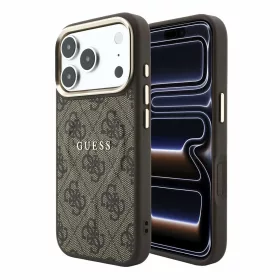  Guess PU bőr 4G aranykeretes domborított MagSafe tok iPhone 18 Pro Max készülékhez barna