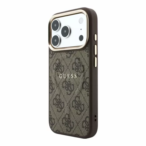 Guess PU bőr 4G aranykeretes domborított MagSafe tok iPhone 18 Pro Max készülékhez barna