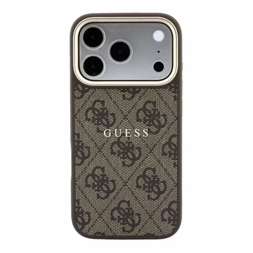 Guess PU bőr 4G aranykeretes domborított MagSafe tok iPhone 18 Pro Max készülékhez barna