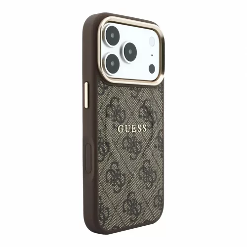 Guess PU bőr 4G aranykeretes domborított MagSafe tok iPhone 18 Pro Max készülékhez barna