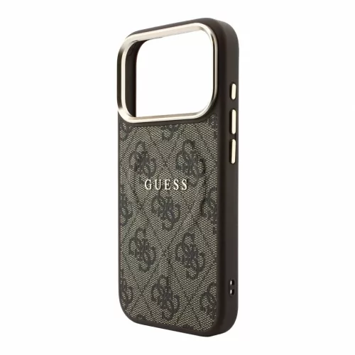 Guess PU bőr 4G aranykeretes domborított MagSafe tok iPhone 18 Pro Max készülékhez barna