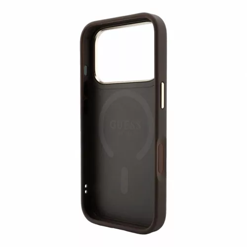 Guess PU bőr 4G aranykeretes domborított MagSafe tok iPhone 18 Pro Max készülékhez barna