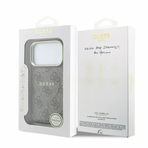 Guess PU bőr 4G aranykeretes domborított MagSafe tok iPhone 18 Pro Max készülékhez barna