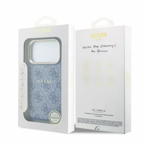 Guess PU-bőr 4G dombornyomott aranykeretes MagSafe tok iPhone 18 Pro készülékhez kék