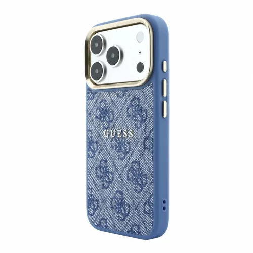 Guess 4G műbőr MagSafe tok iPhone 18 Pro Max készülékhez – arany keretes, dombornyomott, kék
