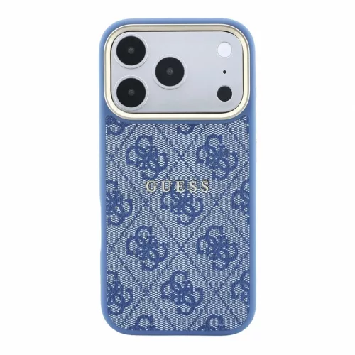 Guess 4G műbőr MagSafe tok iPhone 18 Pro Max készülékhez – arany keretes, dombornyomott, kék