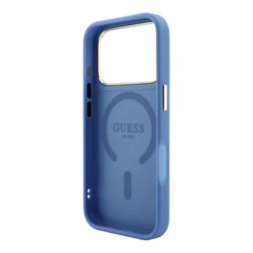 Guess 4G műbőr MagSafe tok iPhone 18 Pro Max készülékhez – arany keretes, dombornyomott, kék