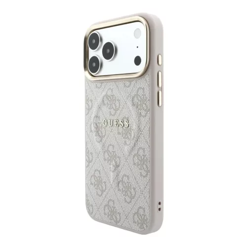 Guess PU bőr 4G aranykeretes dombornyomott MagSafe tok iPhone 18 Pro készülékhez rózsaszín