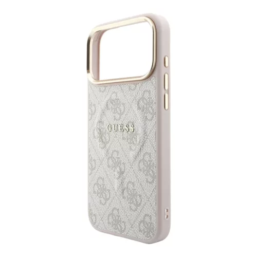 Guess PU bőr 4G aranykeretes dombornyomott MagSafe tok iPhone 18 Pro készülékhez rózsaszín