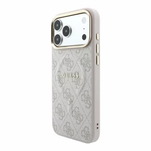 Guess PU bőr 4G dombornyomott arany keretes MagSafe tok iPhone 18 Pro Max készülékhez rózsaszín