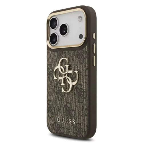 Guess PU-bőr 4G Metal Logo arany keretes tok iPhone 18 Pro készülékhez barna