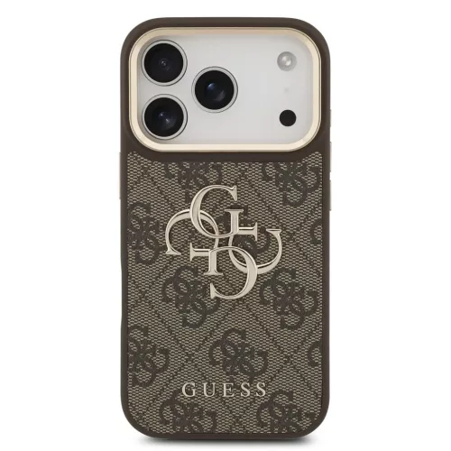 Guess PU-bőr 4G Metal Logo arany keretes tok iPhone 18 Pro készülékhez barna