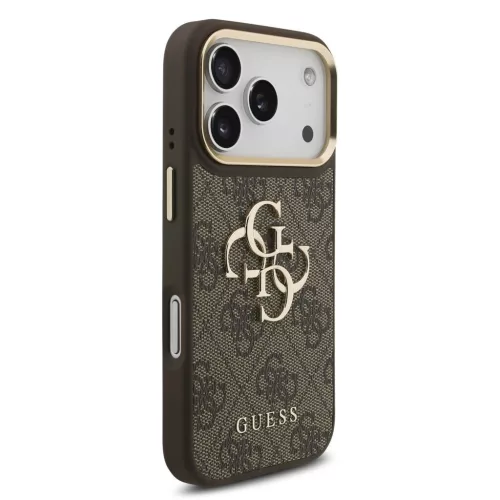 Guess PU-bőr 4G Metal Logo arany keretes tok iPhone 18 Pro készülékhez barna