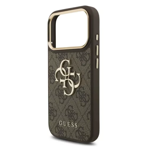 Guess PU-bőr 4G Metal Logo arany keretes tok iPhone 18 Pro készülékhez barna