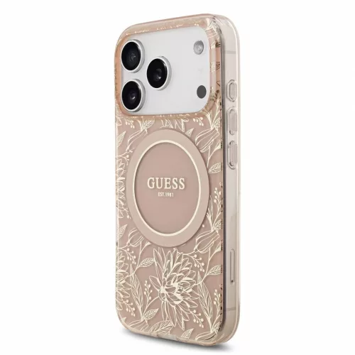 Guess IML Flowers Allover Strap MagSafe tok iPhone 18 Pro készülékhez rózsaszín
