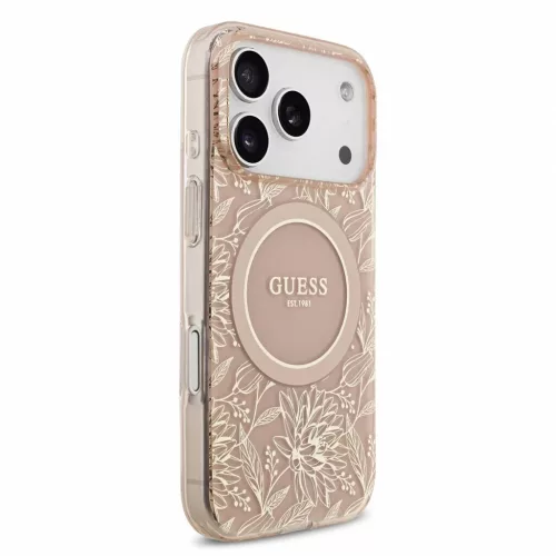 Guess IML Flowers Allover Strap MagSafe tok iPhone 18 Pro készülékhez rózsaszín