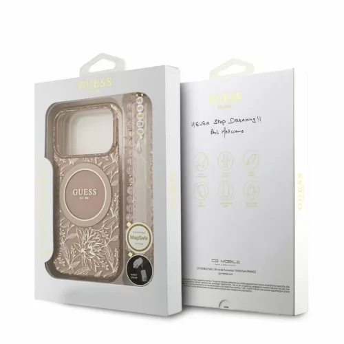 Guess IML Flowers Allover Strap MagSafe tok iPhone 18 Pro készülékhez rózsaszín