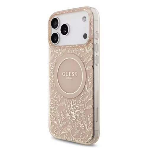 Guess IML Flowers Allover Strap MagSafe tok iPhone 18 Pro Max készülékhez rózsaszín