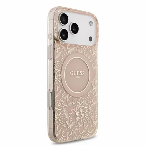 Guess IML Flowers Allover Strap MagSafe tok iPhone 18 Pro Max készülékhez rózsaszín