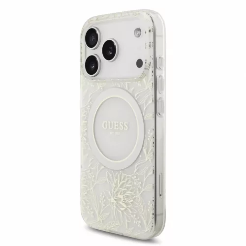 Guess IML Flowers Allover Strap MagSafe tok iPhone 18 Pro készülékhez fehér