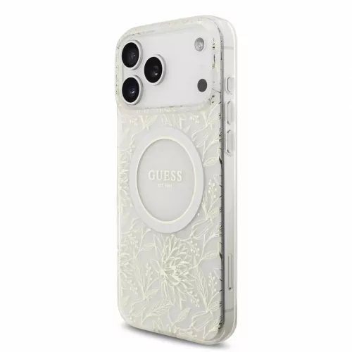 Guess IML Flowers Allover Strap MagSafe tok iPhone 18 Pro Max készülékhez, fehér