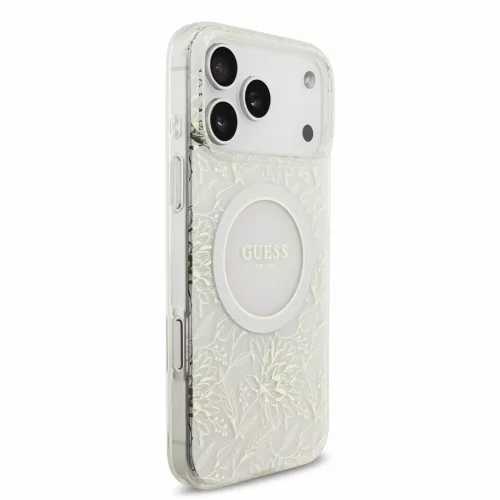 Guess IML Flowers Allover Strap MagSafe tok iPhone 18 Pro Max készülékhez, fehér