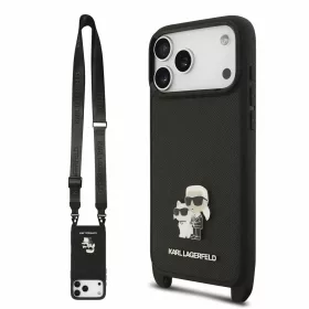   Karl Lagerfeld Saffiano átvető pánt és Metal Karl and Choupette tok iPhone 18 Pro Max készülékhez, fekete
