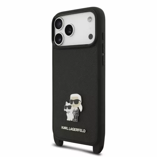 Karl Lagerfeld Saffiano átvető pánt és Metal Karl and Choupette tok iPhone 18 Pro Max készülékhez, fekete