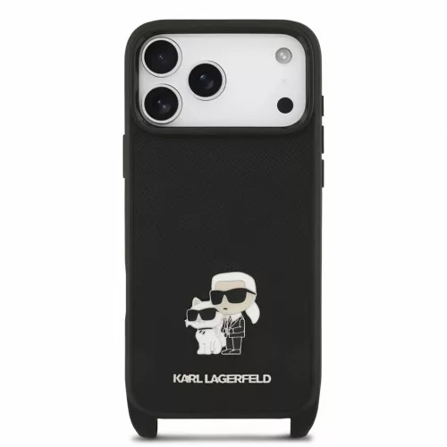 Karl Lagerfeld Saffiano átvető pánt és Metal Karl and Choupette tok iPhone 18 Pro Max készülékhez, fekete
