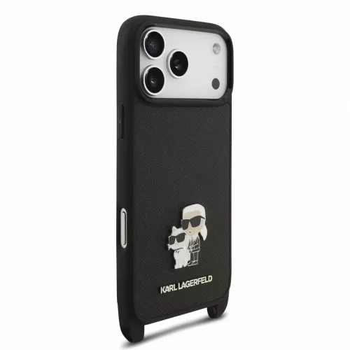 Karl Lagerfeld Saffiano átvető pánt és Metal Karl and Choupette tok iPhone 18 Pro Max készülékhez, fekete