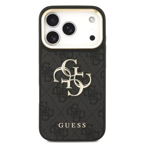 Guess 4G műbőr tok fém logóval arany kerettel iPhone 18 Pro készülékhez fekete