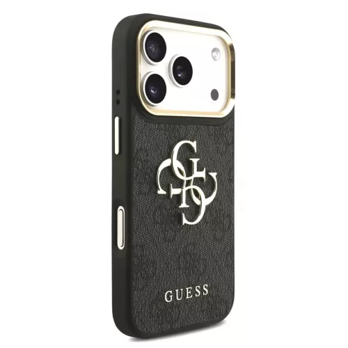Guess 4G műbőr tok fém logóval arany kerettel iPhone 18 Pro készülékhez fekete