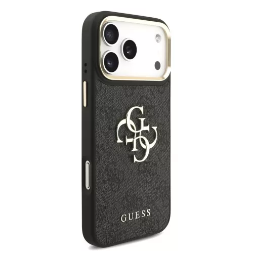 Guess 4G műbőr tok fém logóval arany kerettel iPhone 18 Pro Max készülékhez fekete