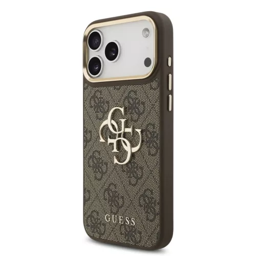 Guess PU-bőr 4G fémlogós aranykeretes tok iPhone 18 Pro Max készülékhez barna